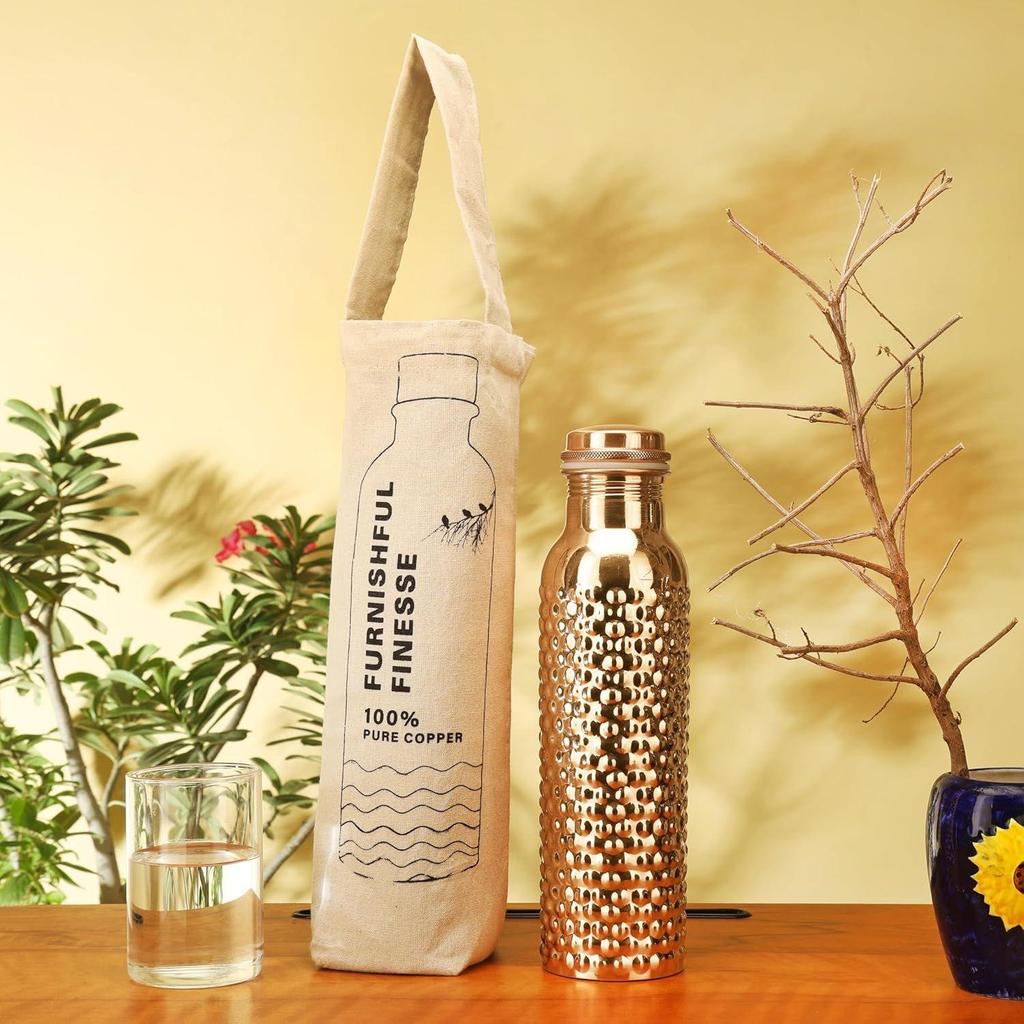 Kopparflaska med bärväska för dricksvatten BPA-fri läcksäker främjar matsmältnings- och leverhälsa, inspirerad av Ayurveda - 1 liter
