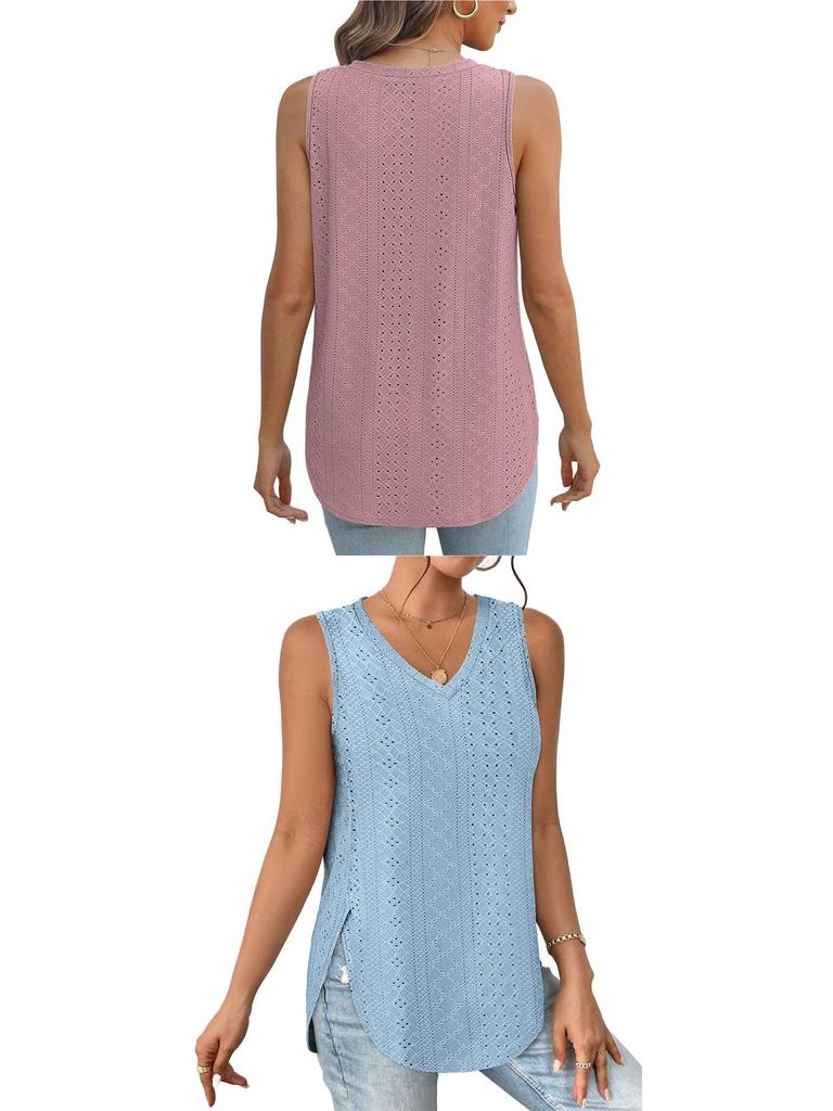 Spring/Summer V-Neck Sleeveless Eyelet Jacquard Women's Casual Vest Top