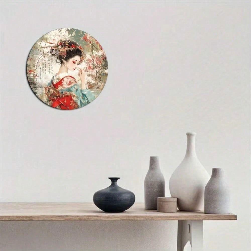 Round Metal Wall Sign Kimono Cafe Decor Vintage Tin Plaque