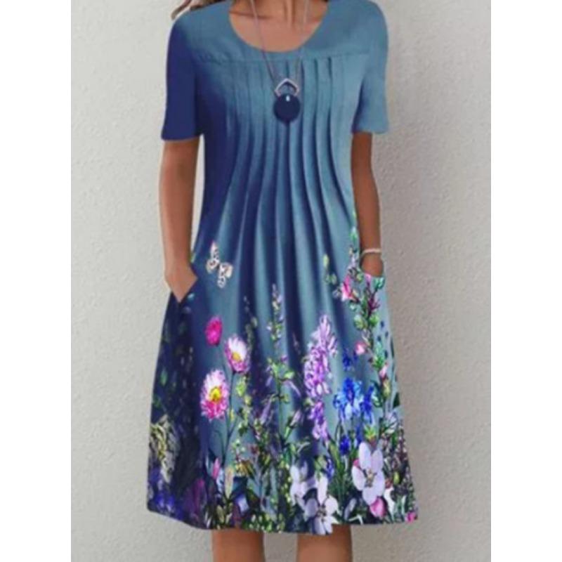 Mode Kurzarm Print Rundhals Damen Sommerkleid Tasche Floral Lässig Schlicht A-Linien Party Mittellanges Kleid Slim Fit Plissiert Locker Kleidung