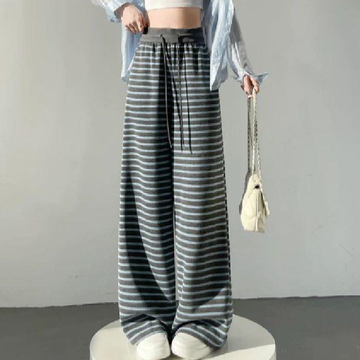 Retro Ice Silk Striped Wide-leg Pants for Women In Spring and Summer New High-waist Drawstring Loose Straight Pants Knitted Casual Pants