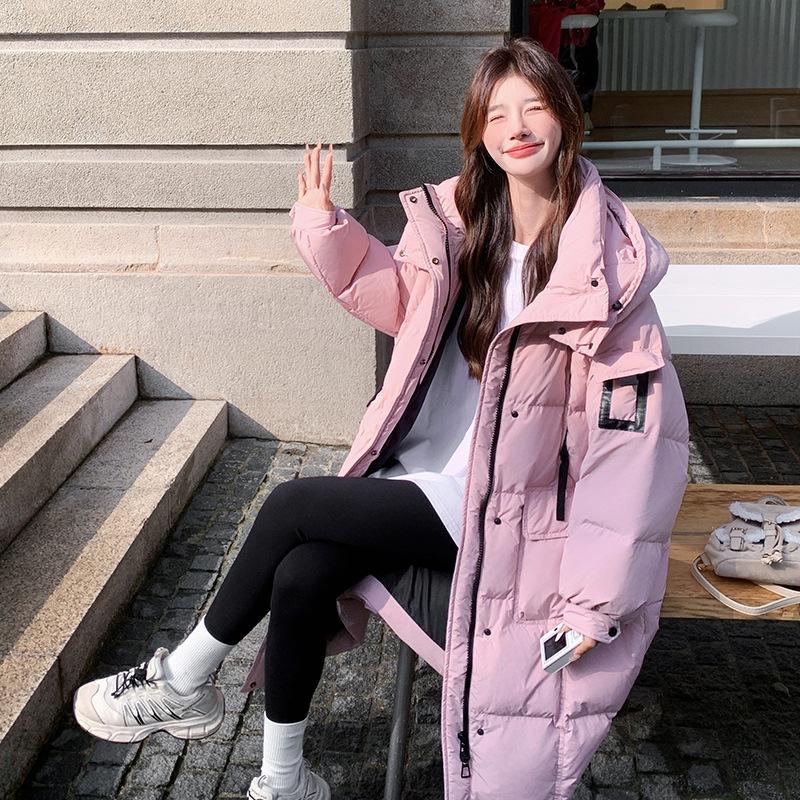 FASHION Pink Long Down Jacket Women's Winter 2024 New Korean Sweet Design Niche White Duck Down Hooded Jacket Clothes
