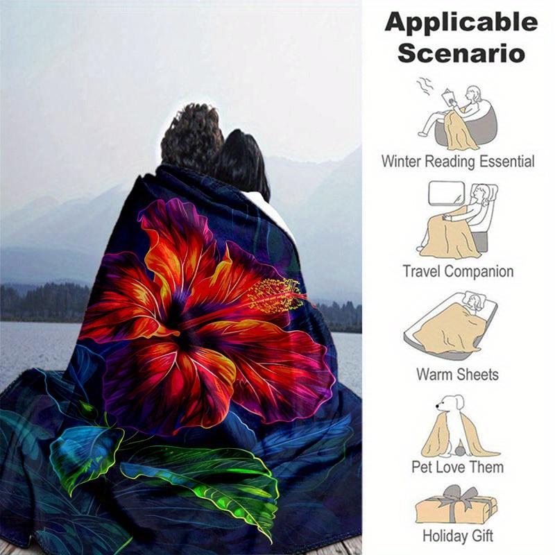 1pc. Vibrant Hibiscus Flower Print Blanket - Perfect for Home Decor, Office Use, Outdoor Activities, Gift Idea,