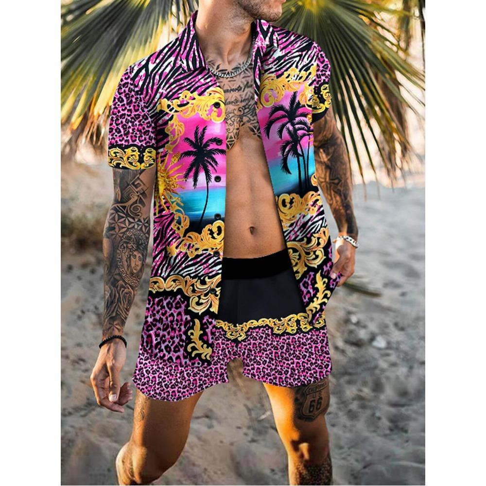 New Beach Set: Men’s Short-Sleeved Shirt and Shorts – Casual Printed Beach and Holiday Set