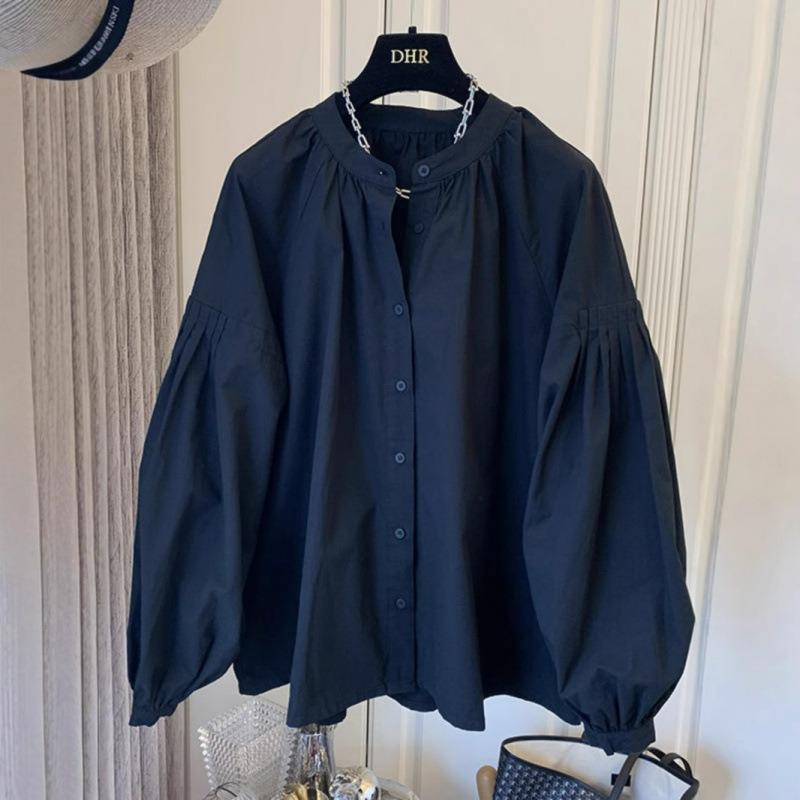 Spring and Autumn new women's clothing retro pleated bubble sleeves loose shirt clothes women's chic shirt