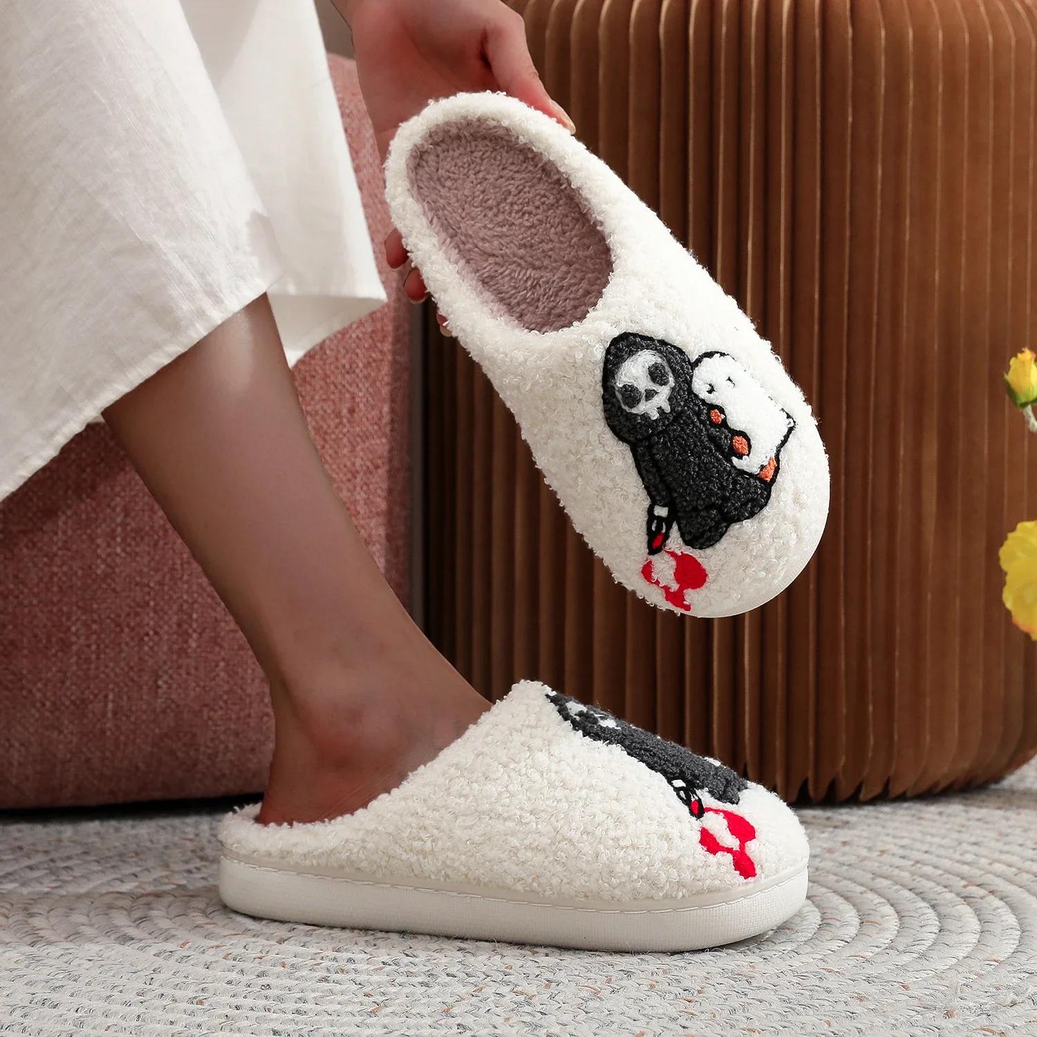 

2024 Хэллоуин Череп Призрак Вышивка Хлопковые Тапочки Мужские Женские Платформы Уютные Меховые Тапочки Теплые Нескользящие Домашние Тапочки 36-37