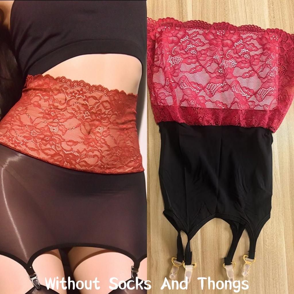 2 In 1 Lace Transparent Mini Skirt With Socks Clips Oil Shiny Hip Wrap Garter Belt Dress Sexy Lingerie Clubwear For Stockings
