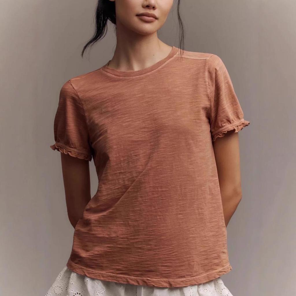 2026 Spring Women's Bubble Sleeve T-Shirt: Short-Sleeve, Solid Color, Round Neck, Skin-Friendly Design.