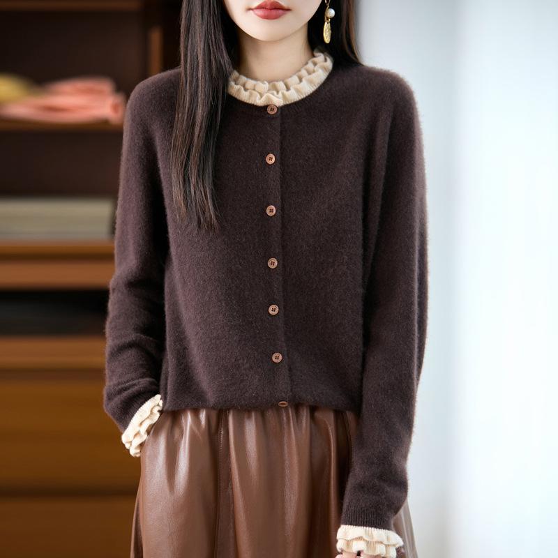 French Fungus Edge 100% Wool Sweater Women'S Autumn And Winter Round Neck Loose Knitted Cardigan Top Jacket Pullover Sweater