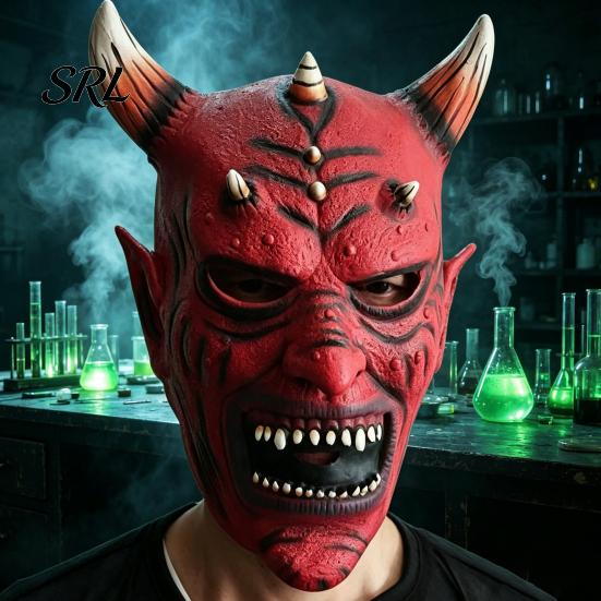 Durable Latex Scary Costume Masque Horror Red Devil Masque, Demon Full Face with Reusable for Events Horn, Adult Cosplay Halloween, Haunted