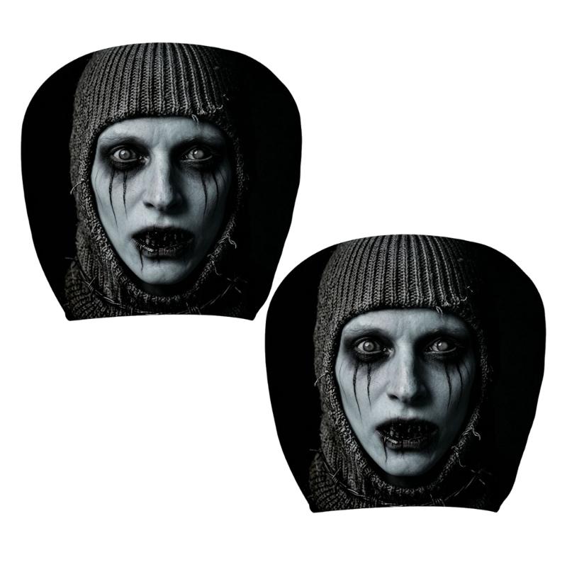 Vehicle Headrest Cover Set with Dark Print Halloween Theme, 2 Piece Polyester Pull-On Headrest Sleeve for Spooky Seat Styling Use