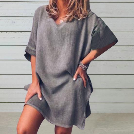 Casual Dress Loose Fit Split Hem Mid-long Sleeves No Shrinkage Casual