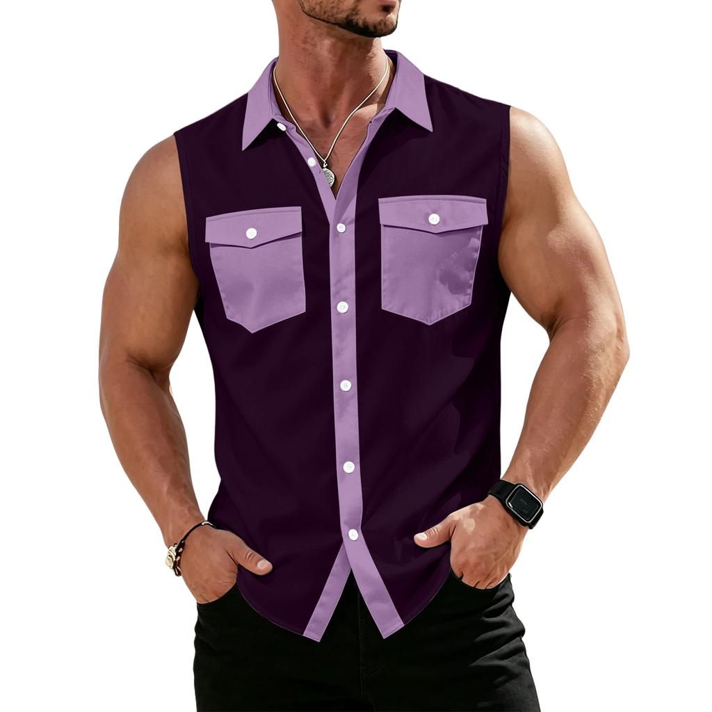 Men's Workwear Lapel Button-Down Vest Shirt - Lightweight Sleeveless Top