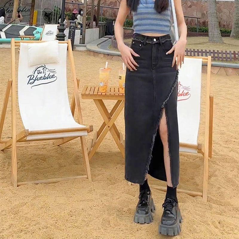 

Юбка из денима с необработанным краем, прямая, средней длины, с разрезом, неровной формы, с высокой талией, повседневная, трапециевидная, облегающая, облегающая, до бедра, юбка-бюстье для женщин, модная джинсовая юбка XL черный серый