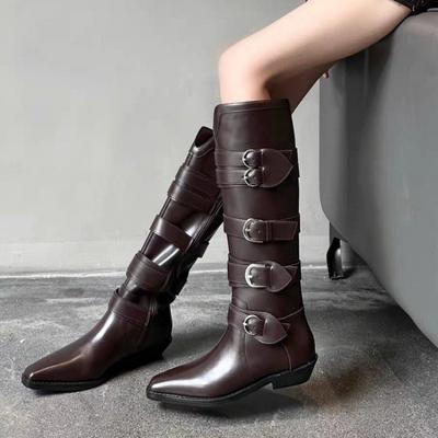 Fashion 2024 Winter Fashion Black Women Boots Pointed Belt Buckle Zipper Knight Western High Boots Thick Heel Long Boots for Women