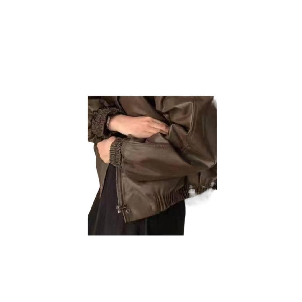 Korean Style Velvet-Lined PU Leather Jacket - Petite, Loose Fit, Short, Autumn/Winter Women's Coat