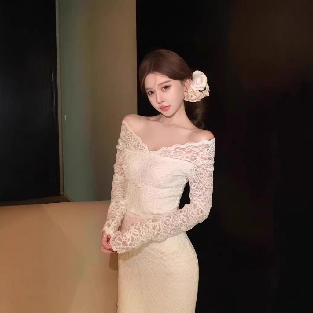 White Lace One-Shoulder Long-Sleeve Bodycon Autumn Dress for Women