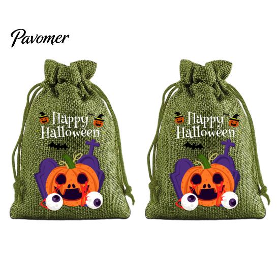 Trick or Treat Party Souvenirs 2Pcs Halloween Pumpkin Drawstring Bags for Candy Treats, Retro Burlap Rustic Linen Goodie Bags, Portable Kids