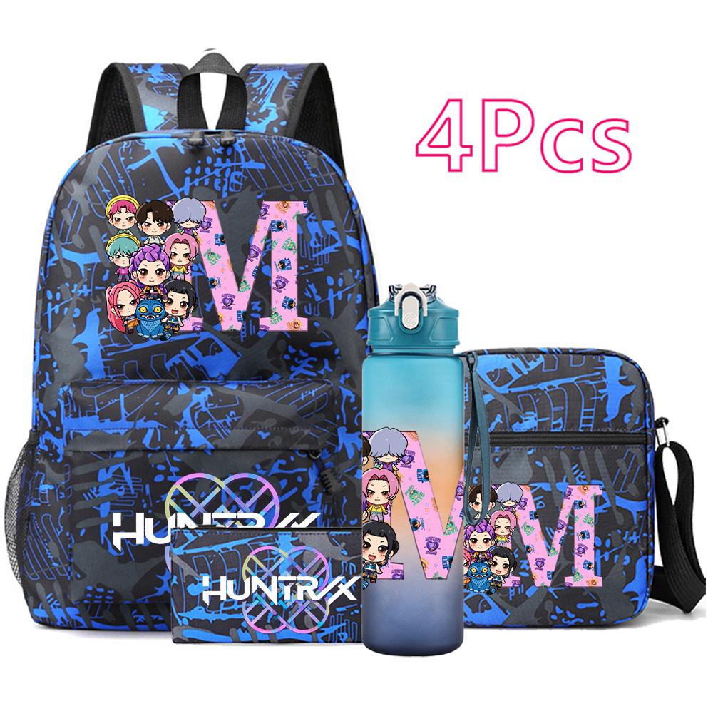 4Pcs/set 26 English Letter Printed Backpack Large Capacity Bookbag Shoulder Bag Case Bag with 750ml Water Bottler Boy Girl Waterproof SchoolBag Gift