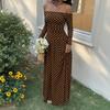 Women's Off-Shoulder Polka Dot Long Sleeve Dress with Waist-Cinching for Vacation