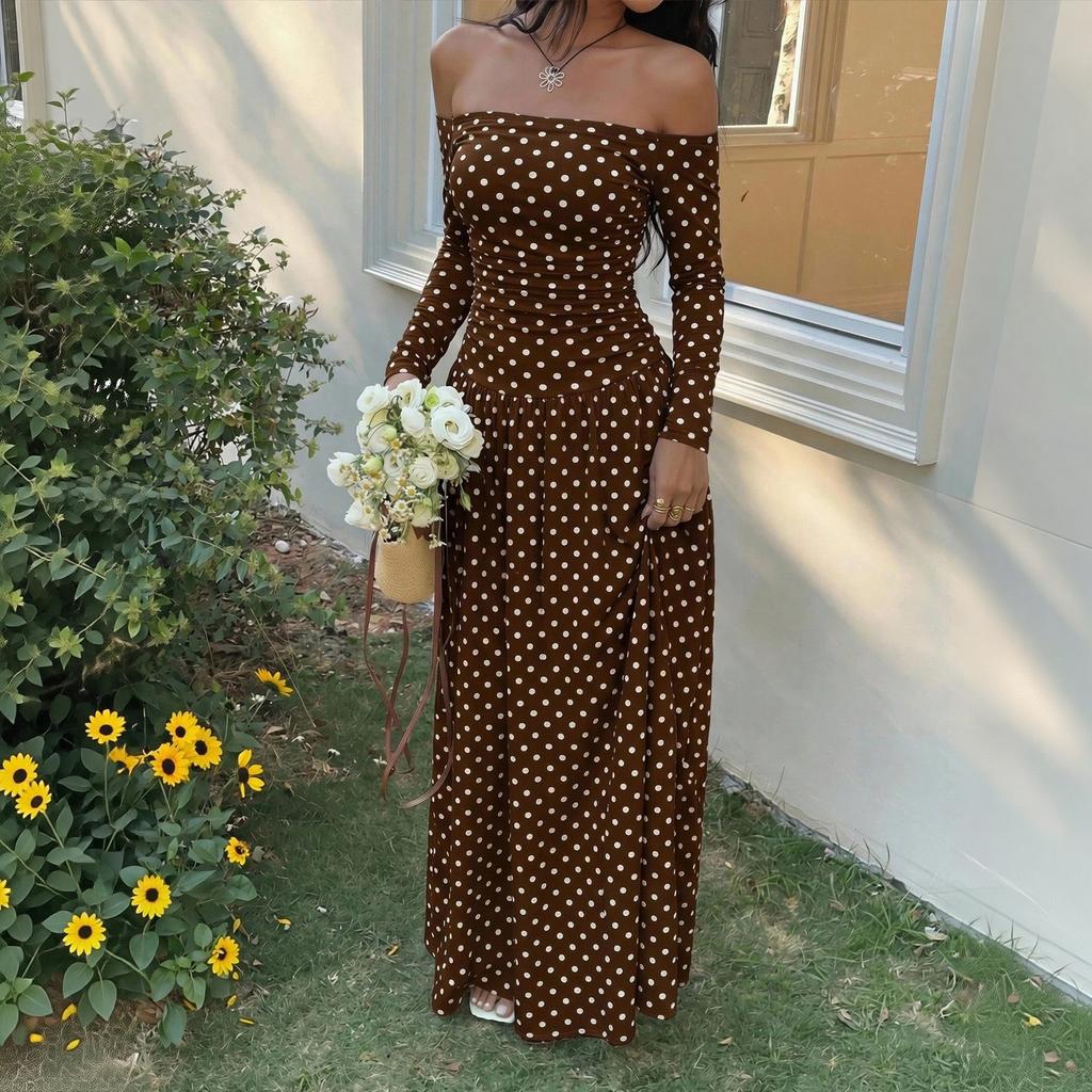 Women's Off-Shoulder Polka Dot Long Sleeve Dress with Waist-Cinching for Vacation