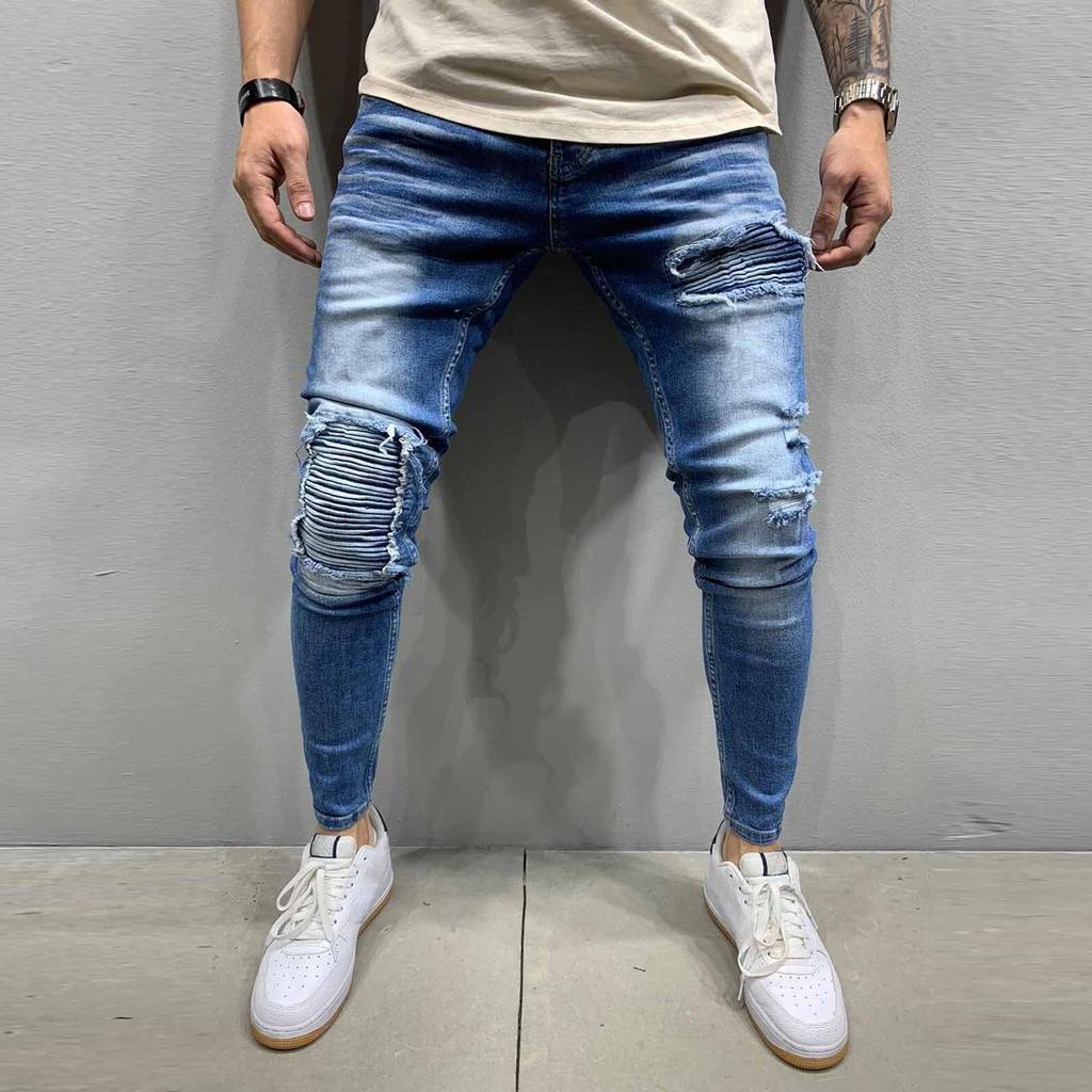 Pantaloni jeans da uomo con cerniera a righe in denim con foro vintage lavaggio hip-hop da lavoro