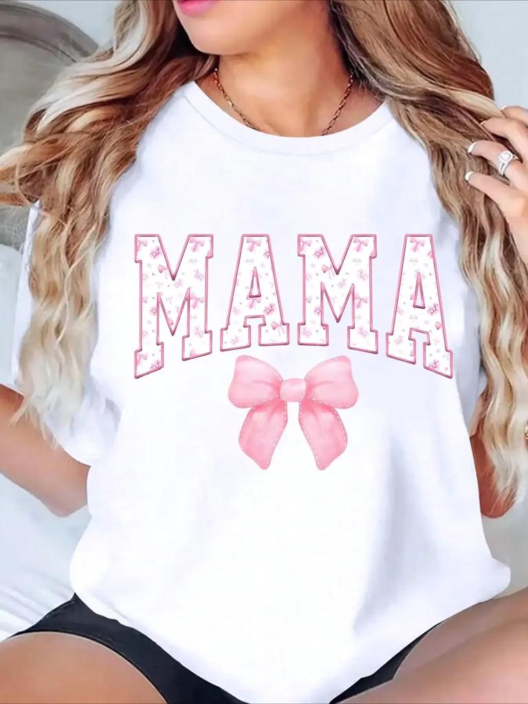 Unisex Tshirt Mama Letter Bow Graphic Tee Crew Neck Short Sleeve Sweet Pink Ribbon Print Casual Mothers Day Daily Wear Top