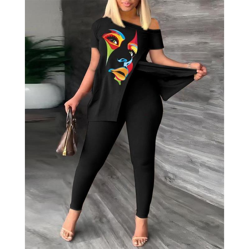 YYFS Women's Fashion Casual Summer Spring Short Sleeve Oblique Collar Trousers Pants Suits