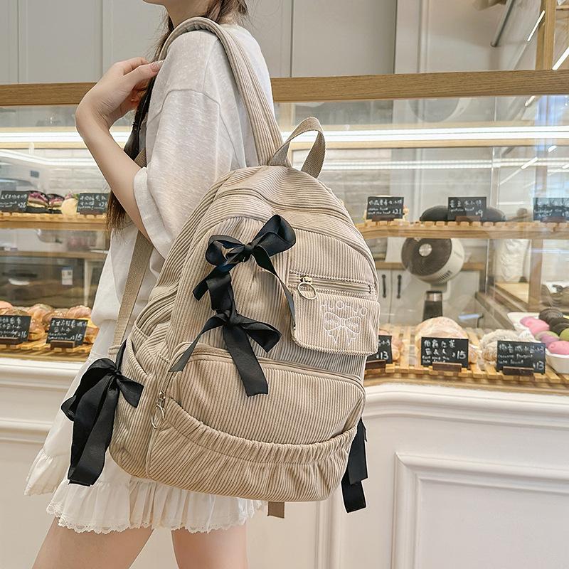 Schoolbagins Wind Bow School Bag Female Corduroy Commuter Versatile Internet Celebrity Backpack Large Capacity Casual Simple Backpack
