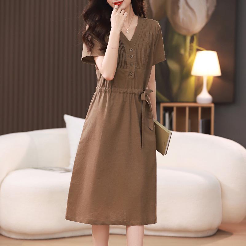 2025 Summer Mid-length V-neck Slimming Cotton Linen Dress for Middle-aged Women