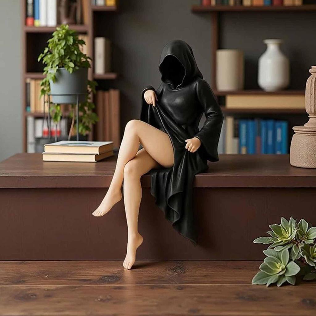 3D Handmade Resin Death Black Robe Statue Gothic Sitting Women Mysterious Statue Ornaments Decorations Tabletop Figurine