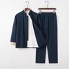 Men's Cotton Linen Three-Piece Tang Suit: Chinese Style Frog Button Hanfu, Retro Lay Buddhist Robe, Tea Attire