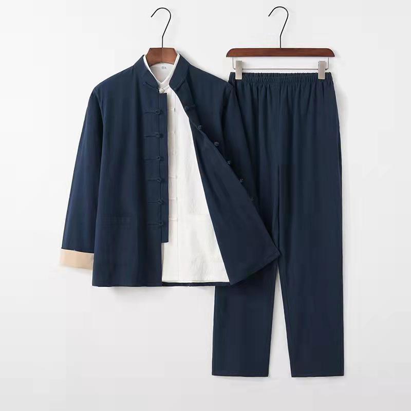 Men's Cotton Linen Three-Piece Tang Suit: Chinese Style Frog Button Hanfu, Retro Lay Buddhist Robe, Tea Attire