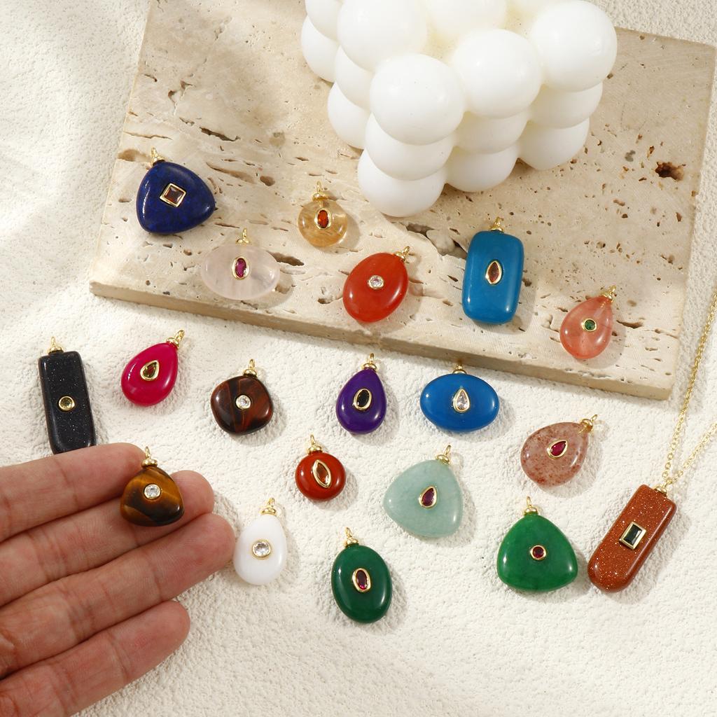 1PC Natural Stone Brass Charms 18K Gold Plated Cubic Zirconia & Gemstone Geometric Pendants for Women Diy Necklace Making