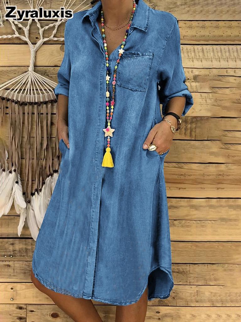 Plus Size Women's Denim Dresses Solid Color Loose Fit Casual Dress