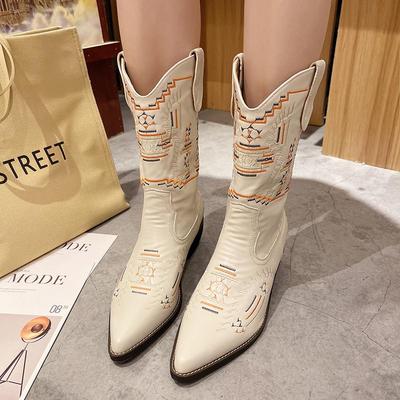 Women's Boots Retro Autumn Winter White Mid Calf Boots Women Comfy Walking Female Western Cowboy Boot Women's Shoes