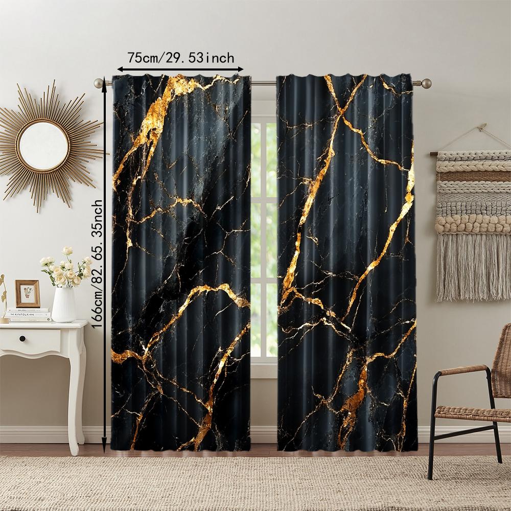 2 Pcs, Versatile Polyester Transparent Curtains for Home Decoration Black Marble Print for Use In Bedrooms and Living Rooms