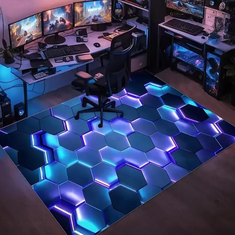 3D Zeshoek Neon Gaming Vloerkleed, Antislip Blauw Paars Vloerkleed voor Gameroom, Slaapkamer E-Sport Decoratie 40x60cm 16x24inch