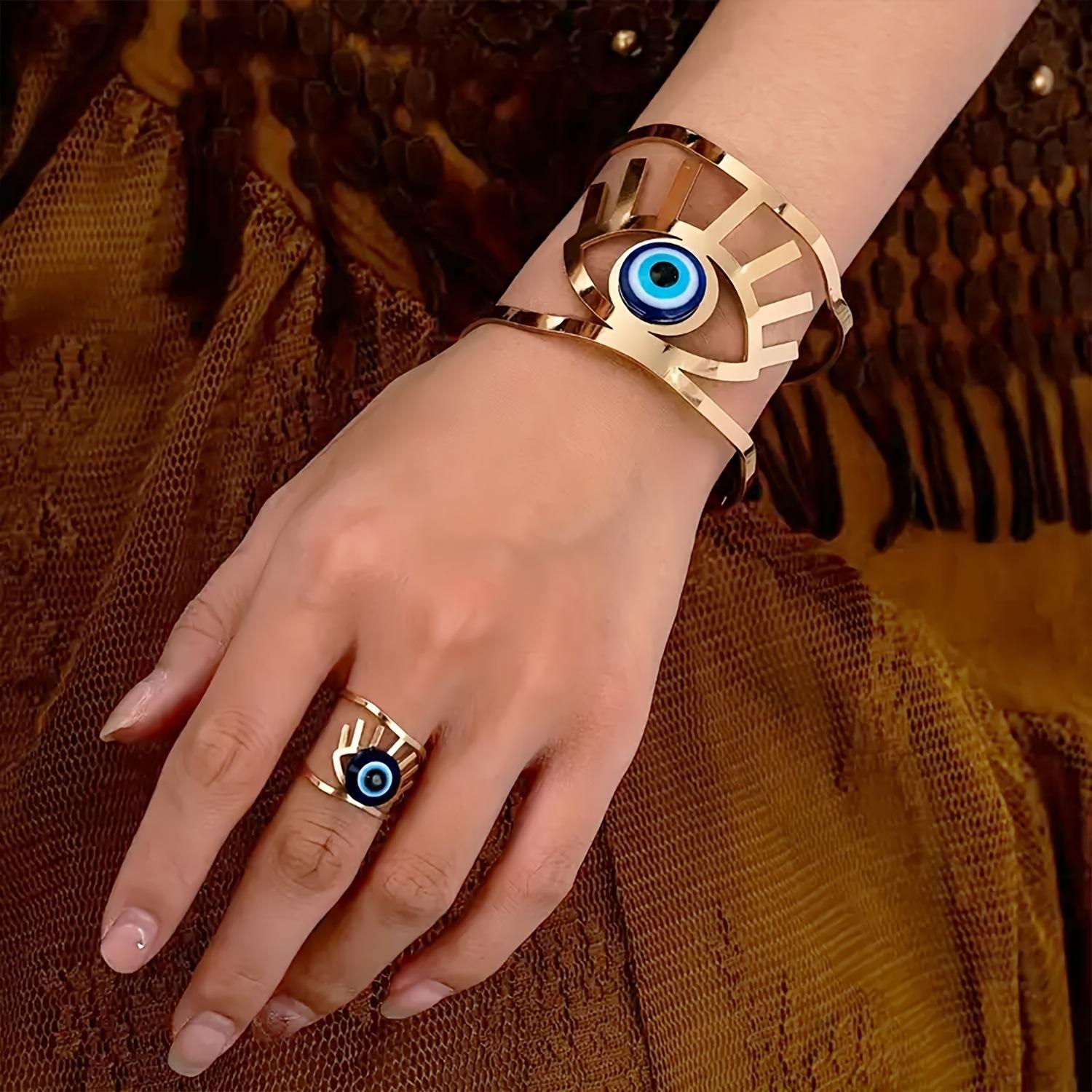 

Eye shape, devil s eye hollow luxury fashion open design women s bracelet set золотий