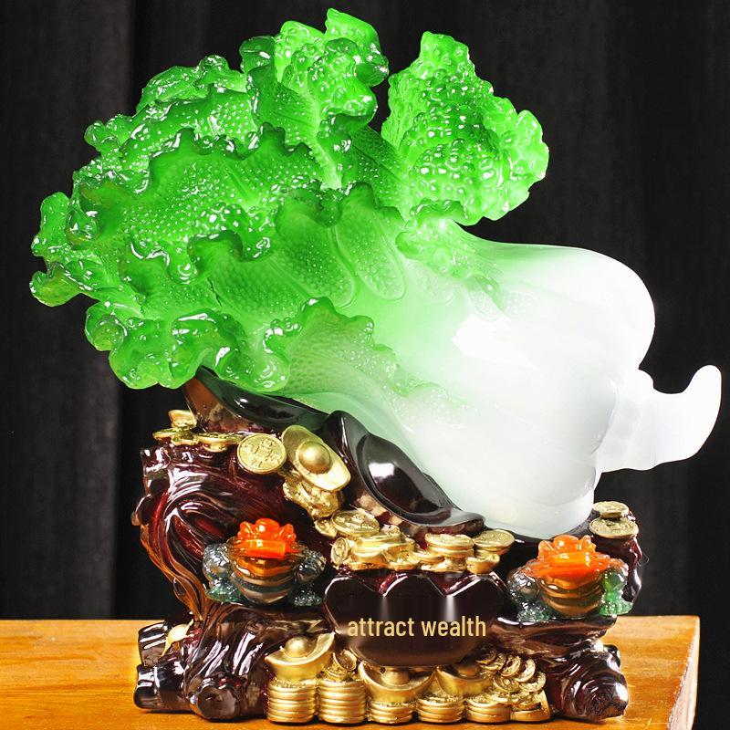 Large Jade Cabbage Ornament with Golden Toad - Living Room, Entrance & Wine Cabinet Decoration Gift