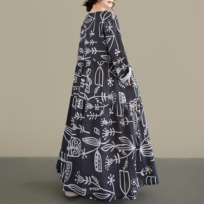 DIMANAF New 2026 Women Plus Size Spring Summer Beach Long Dress Print Black Maxi Long Sleeve Vintage Lady Loose Oversize