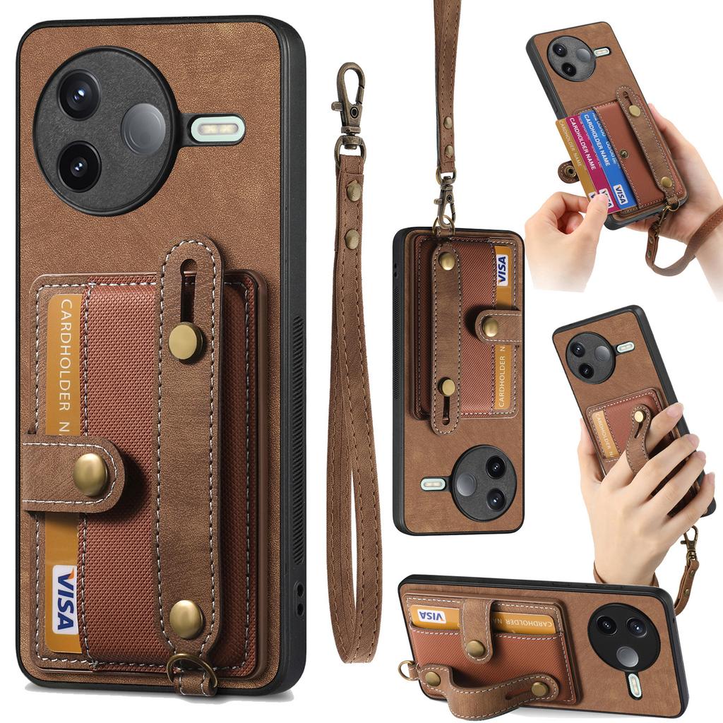 For Xiaomi Poco F7 Pro 5G/Xiaomi Redmi K80 5G Retro PU Leather Back Cover with Card Holder and Wristband Kickstand