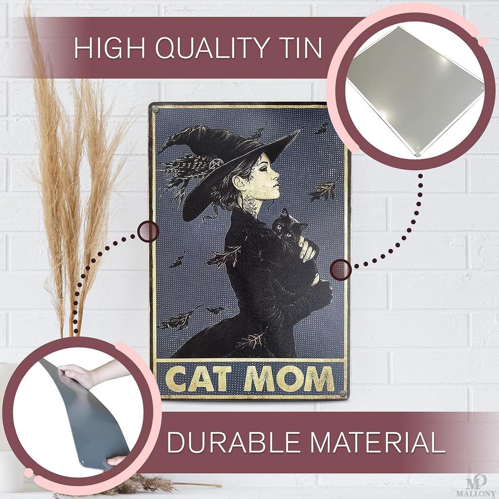 Cat Decor for Cat Lovers Metal Sign - Witch Cat Mom Metal Wall Art Tin Sign Indoor Halloween Decor Outdoor Black Cat