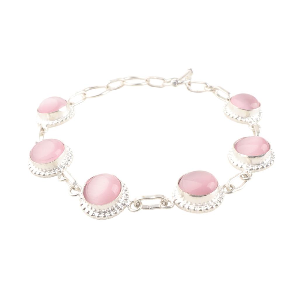 Natural Pink Cat's Eye Gemstone 925 Sterling Silver Handmade Women Gift Bracelet RB-9-33