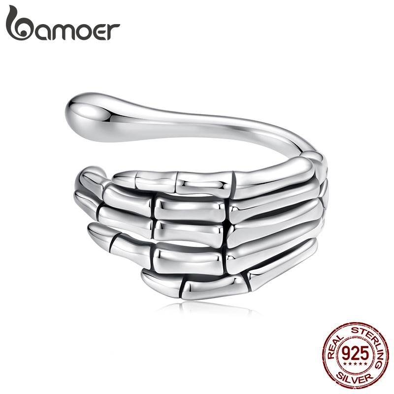 BAMOER Mono 925 Sterling Silver Skeleton Hand Ear Cuff Punk Style Ear Clip Earring for Women SCE1852