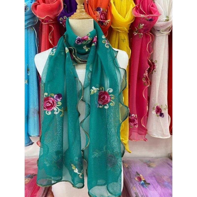Schal mit Rüschen und Blumenstickerei, elegant, einfarbig, atmungsaktiv, Schal für Damen, Kopftuch, winddicht, Hijab, Turban, Reise-/Strandtuch