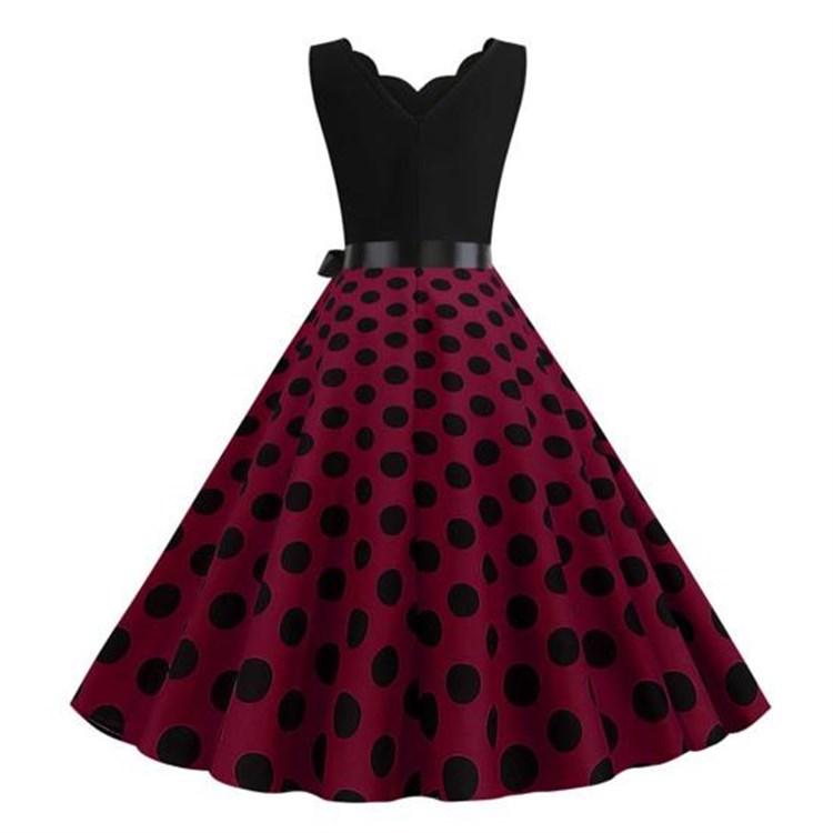 Women Retro 50s Midi Edge Dress V Neck Sleeveless High Waist Lace Up Tight A Line Loose Hem Flower Bow Decor Dot Print