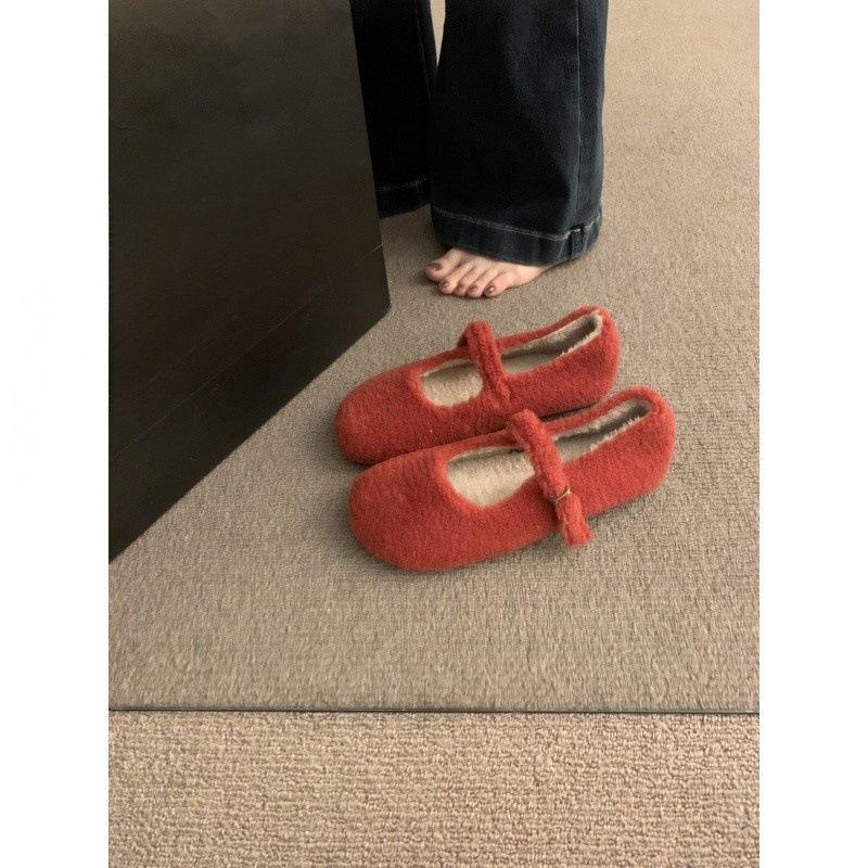 Fashion Fashion Round Toe Wool Ballet Flats Woman Concise Warm Plush Loafers Ladies Brand Design Fluffy Mary Jane Shoes In Red Grey