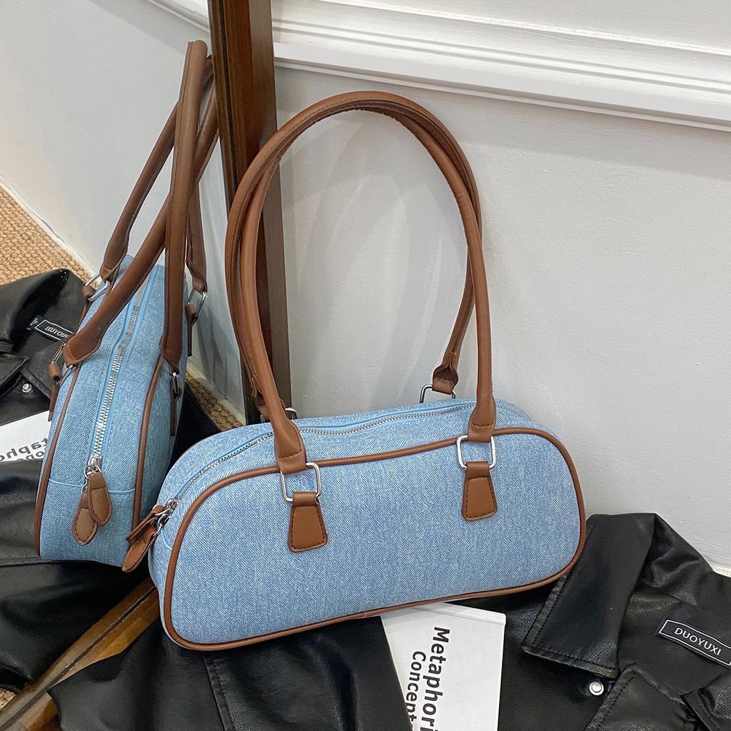 Fashion Commuter Bag Large-capacity Bag Women's Fashionable Color-matching Denim Shoulder Bag Hand Baguette Bag