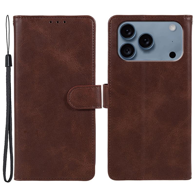For iPhone 17 Pro Max Case Calf Texture PU Leather Wallet Phone Cover with Wrist Strap